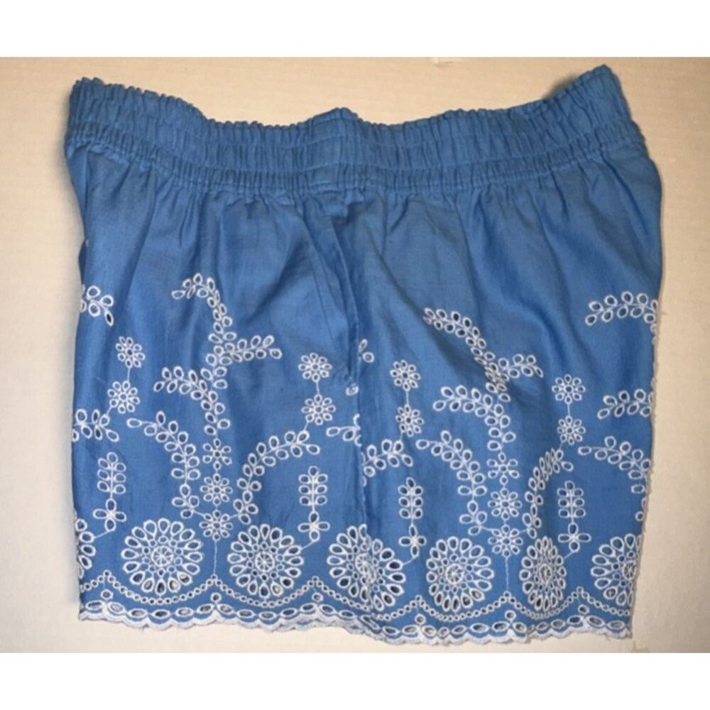 J Crew Medium Shorts Blue/White Floral Eyelet Embroidered Elastic Waist Linen Bl - Picture 11 of 11